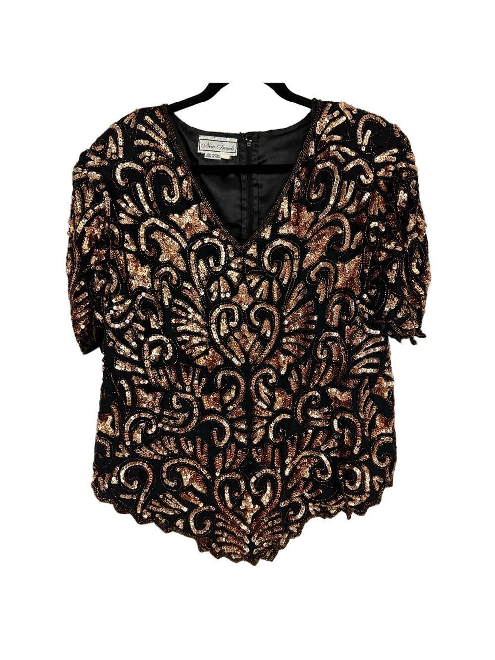 Adrianna Papell Black Gold Sequin Blouse Top Women’s XL Vintage 80s